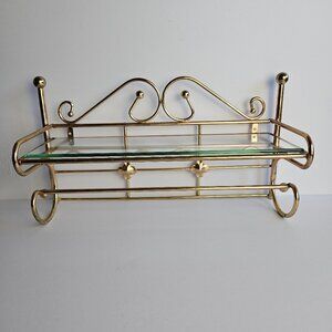 Vtg Home Interiors Brass Wall Shelf with Glass Insert Glam Mid-Century Style Acc